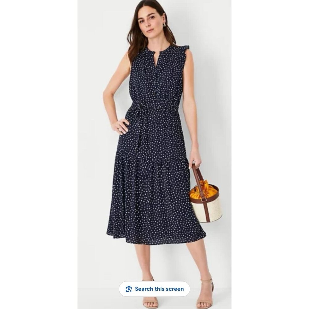 ANN TAYLOR navy blue midi dotted dress size M Peasant Boho Cottagecore New